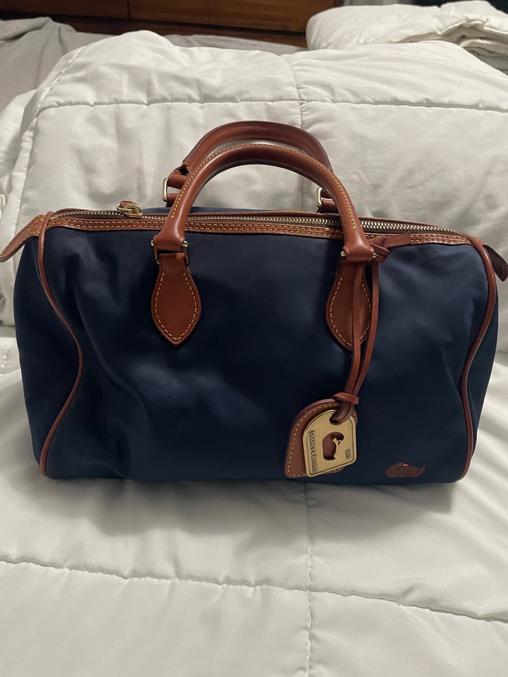Dooney & Bourke Navy and Brown Leather-Trimmed  Bag